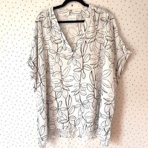 Cynthia Rowley Top 3X White Black Floral Linen Hi Lo Hem Boxy Beachy Coastal